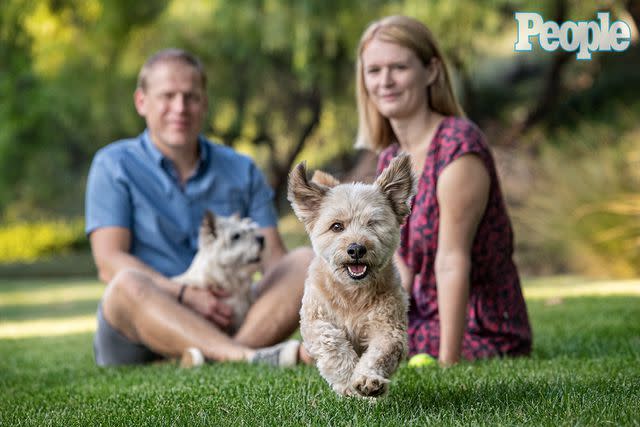 <p>Michael Brian</p> Hobie, 5, voted 2023 Pedigree cutest rescue with his family in Coto de Caza, CA Oct. 7, 2023 with family Christin Bernhardt Joern Riemer and 'fur sister' Zoe Hobie was rescued from Name of Rescue: PUP (Protecting Unwanted Pets)