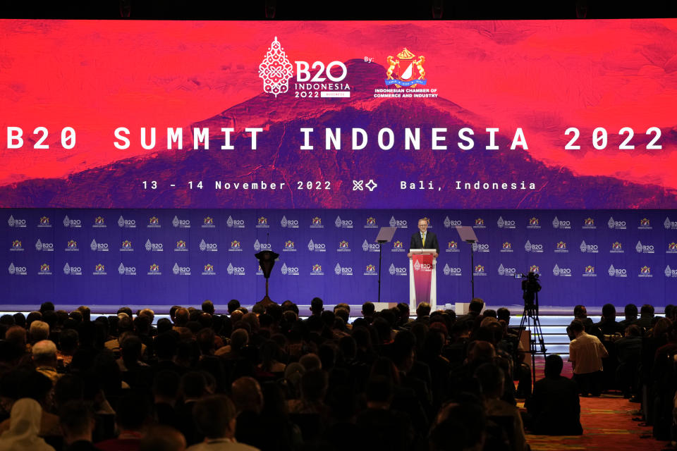 Australian Prime Minister Anthony Albanese delivers his speech during the B20 Summit ahead of the G20 leaders summit in Nusa Dua, Bali, Indonesia, Monday, Nov. 14, 2022. (AP Photo/Aaron Favila)