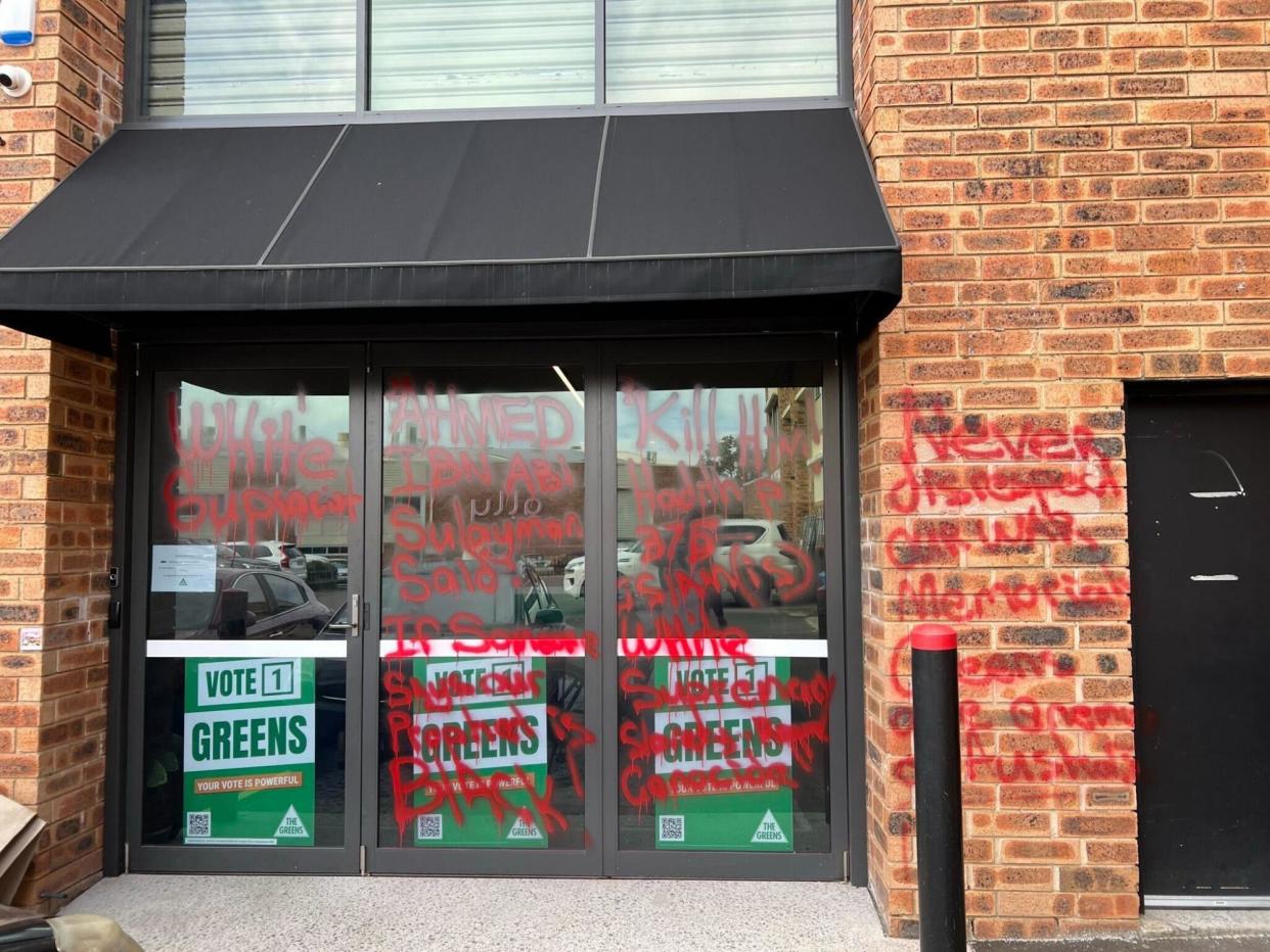 <span>The NSW Greens party’s state office has been targeted with graffiti, including ‘Greens are enemies of Australia’. </span><span>Photograph: Greens Party</span>