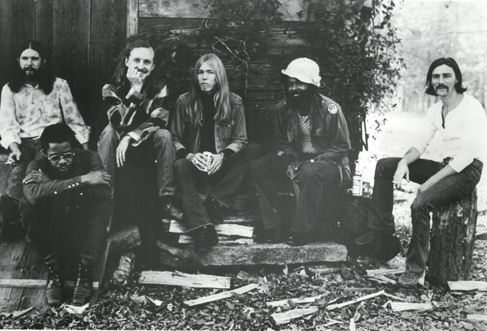 The Allman Brothers Band's lead guitarist, slide guitarist and singer Dickey Betts, far right, and, from left, keyboardist Chuck Leavell; drummers Jai Johanny “Jaimoe” Johanson, bottom, and Butch Trucks; keyboardist, rhythm guitarist and singer Gregg Allman; and bassist Lamar Williams. This was the Allman Brothers Band's lineup from November 1972 to May 1976.