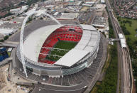 LONDON, ENGLAND - JULY 26: Aerial view of Wembley Stadium which will host football events during the London 2012 Olympic Games on July 26, 2011 in London, England. (Photo by Tom Shaw/Getty Images)