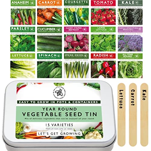 Gardening Vegetable Seed Tin: 15 Varieties of Heirloom Vegetables Seeds for Planting Uk - Includes 15 Plant Labels. Perfect Gardening Gift, Ideal for Small Spaces, Pots, Patio & Balconies