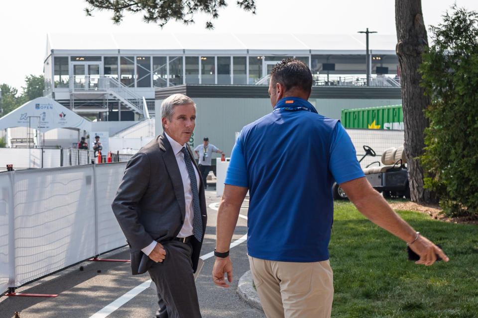 TORONTO, ONTARIO - JUNE 06:  Jay Monahan, Commissioner of the PGA TOUR, arrives to a players meeting prior to the RBC Canadian Open at Oakdale Golf & Country Club on June 06, 2023 in Toronto, Ontario.  (Photo by Mike Wolfe/PGA TOUR via Getty Images)