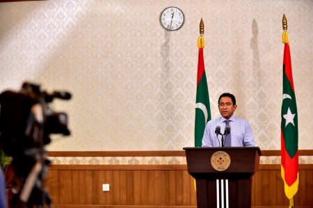 FILE PHOTO: Maldivian President Abdulla Yameen speaks as he gives a statement at President office in Male, Maldives September 24, 2018. President Media//Handout via REUTERS