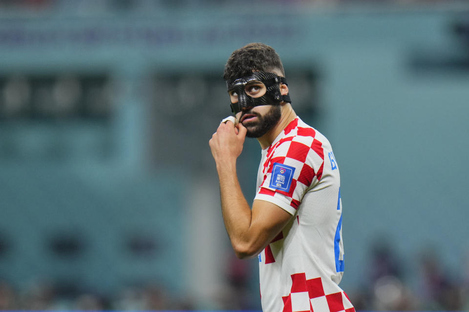 Croatia's Josko Gvardiol looks on during the World Cup third-place playoff soccer match between Croatia and Morocco at Khalifa International Stadium in Doha, Qatar, Saturday, Dec. 17, 2022. (AP Photo/Hassan Ammar)