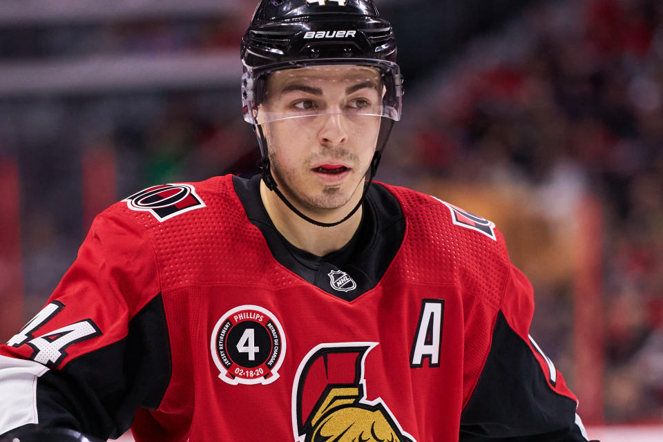 OTTAWA, ON - FEBRUARY 18:  Jean-Gabriel Pageau #44 of the Ottawa Senators looks on during a break in a game against the Buffalo Sabres at Canadian Tire Centre on February 18, 2020 in Ottawa, Ontario, Canada.  (Photo by Jana Chytilova/Freestyle Photography/Getty Images)