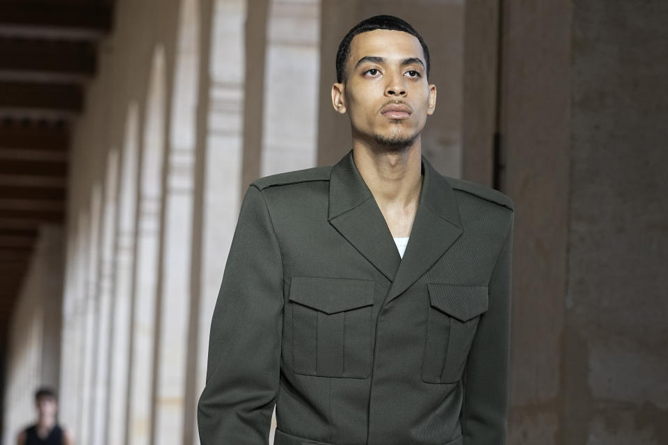 A model wears a creation for Givenchy Menswear Spring/Summer 2024 fashion collection presented in Paris, Thursday, June 22, 2023. (AP Photo/Michel Euler)