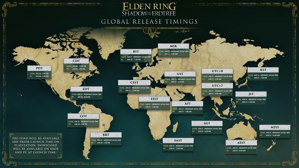 Elden RIng: Shadow of the Erdtree global release timing map