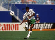 <p> Sunday Oliseh playing for Nigeria at the 1994 World Cup. </p> <p> Unless you particularly associate the No.15 with Nemanja Vidic or Daniel Sturridge, it has to be Nigeria legend, Sunday Oliseh, who donned the top at the 1994 and 1998 World Cups. </p>