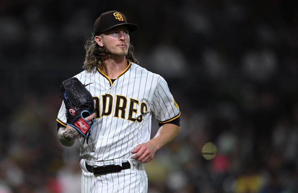 San Diego Padres relief pitcher Josh Hader looks on after the last out of the top of the ninth inning was recorded against the Washington Nationals at Petco Park on Aug. 18, 2022.