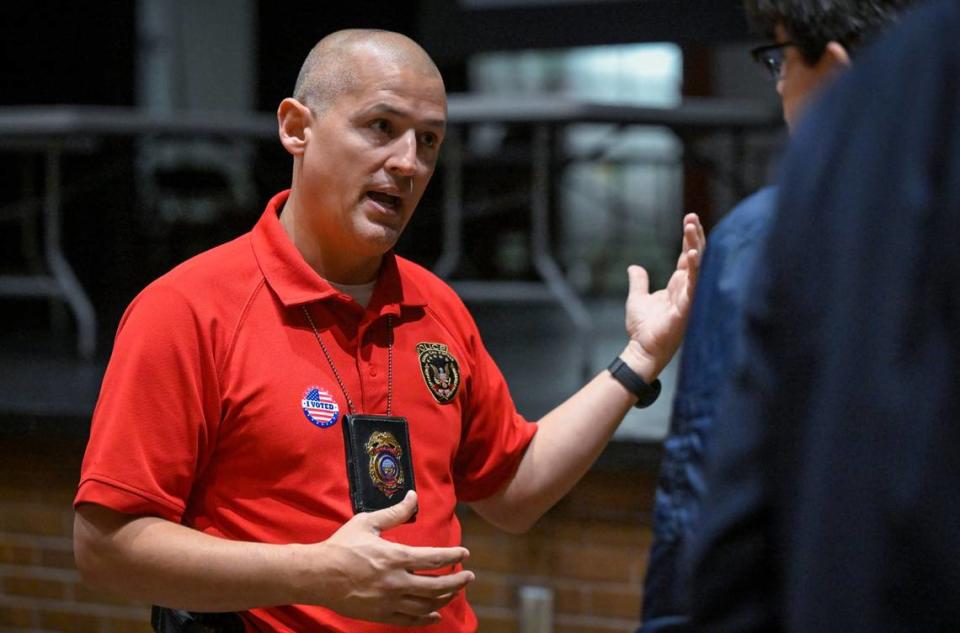 Capt. John Diaz of the Kansas City, Kansas, Police Department’s narcotics unit, answers questions after a presentation on the dangers of fentanyl at Wyandotte High School on Nov. 7, 2023, in Kansas City, Kansas. Wyandotte County has seen a sharp increase in fentanyl overdoses in the past year.