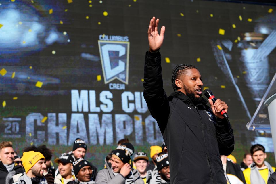 Dec 12, 2023; Columbus, OH, USA; Columbus Crew defender Steven Moreira (31) speaks to fans as they celebrate their 2023 MLS Cup victory in Chase Plaza outside of Lower.com Field.