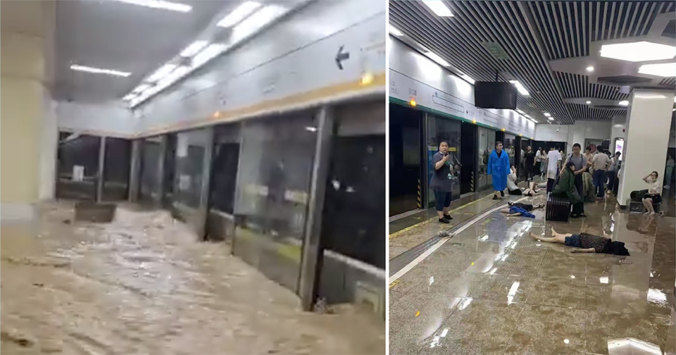 河南鄭州暴雨地鐵大淹水，造成至少12人死亡。   圖 : 翻攝自@daken / @AstanMad 推特