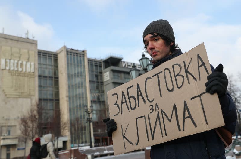 Climate activist Arshak Makichyan takes part in a single-person demonstration in Moscow