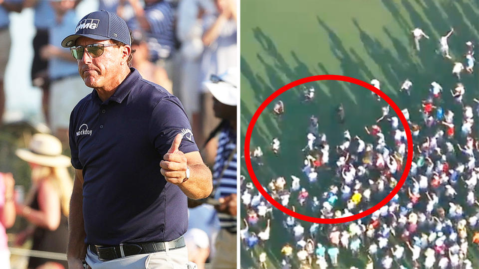 Phil Mickelson (pictured left) giving the thumbs up after a shot and (pictured right) fans surround him at the 103rd US PGA Championship.