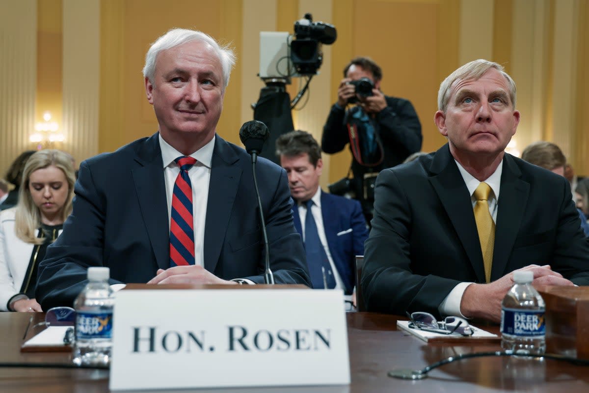 Jeffrey Rosen (L), former Acting Attorney General, and Richard Donoghue, former Acting Deputy Attorney General, arrive to testify before the House Select Committee to investigate the 6 January attack  (Getty Images)