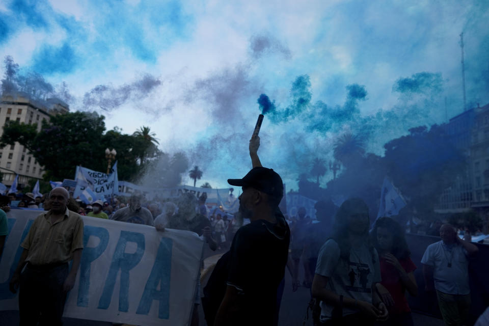 Activists protest against the decriminalization of abortion, one day before lawmakers will debate its legalization, at Plaza de Mayo in Buenos Aires, Argentina, Monday, Dec. 28, 2020. (AP Photo/Victor R. Caivano)