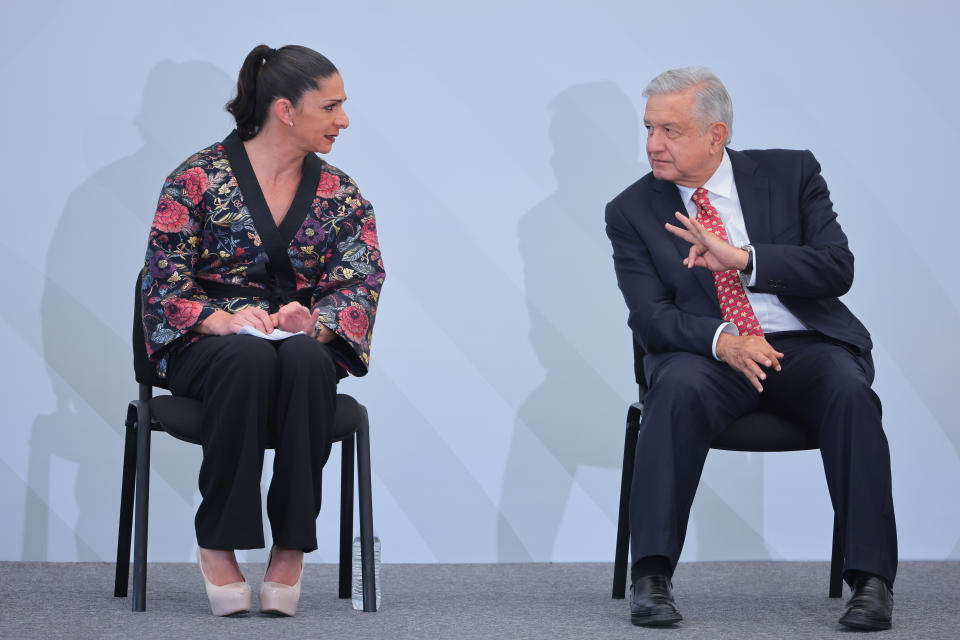 MEXICO CITY, MEXICO - JULY 05: Director of CONADE Ana Gabriela Guevara and President of Mexico Andres Manuel Lopez Obrador during the Mexico Olympic team farewell at CNAR on July 05, 2021 in Mexico City, Mexico. (Photo by Hector Vivas/Getty Images)