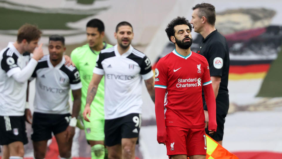 Mo Salah is seen here looking dejected after Liverpool's defeat to Fulham. 