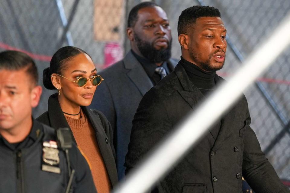 <p>John Nacion/Getty</p> Meagan Good and Jonathan Majors on April 8, 2024