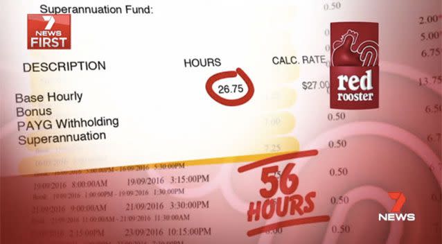 A cross-check of the report against an employee’s payslip for one week appeared to show they worked 56 hours but were only paid for 26.75 hours. Picture: 7 News