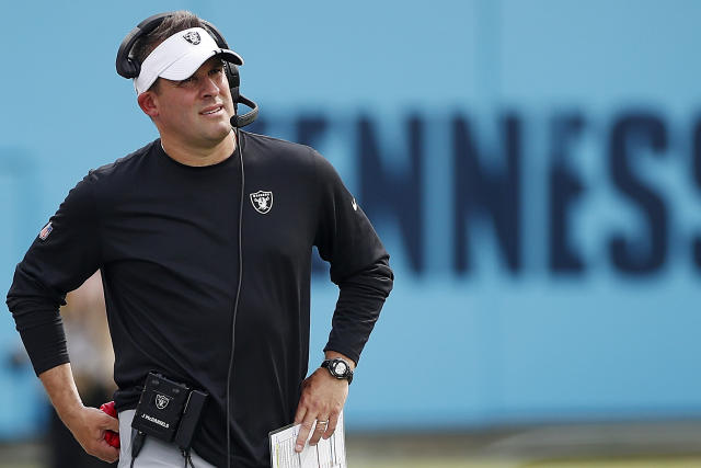 Las Vegas Raiders head coach Josh McDaniels watches replay during