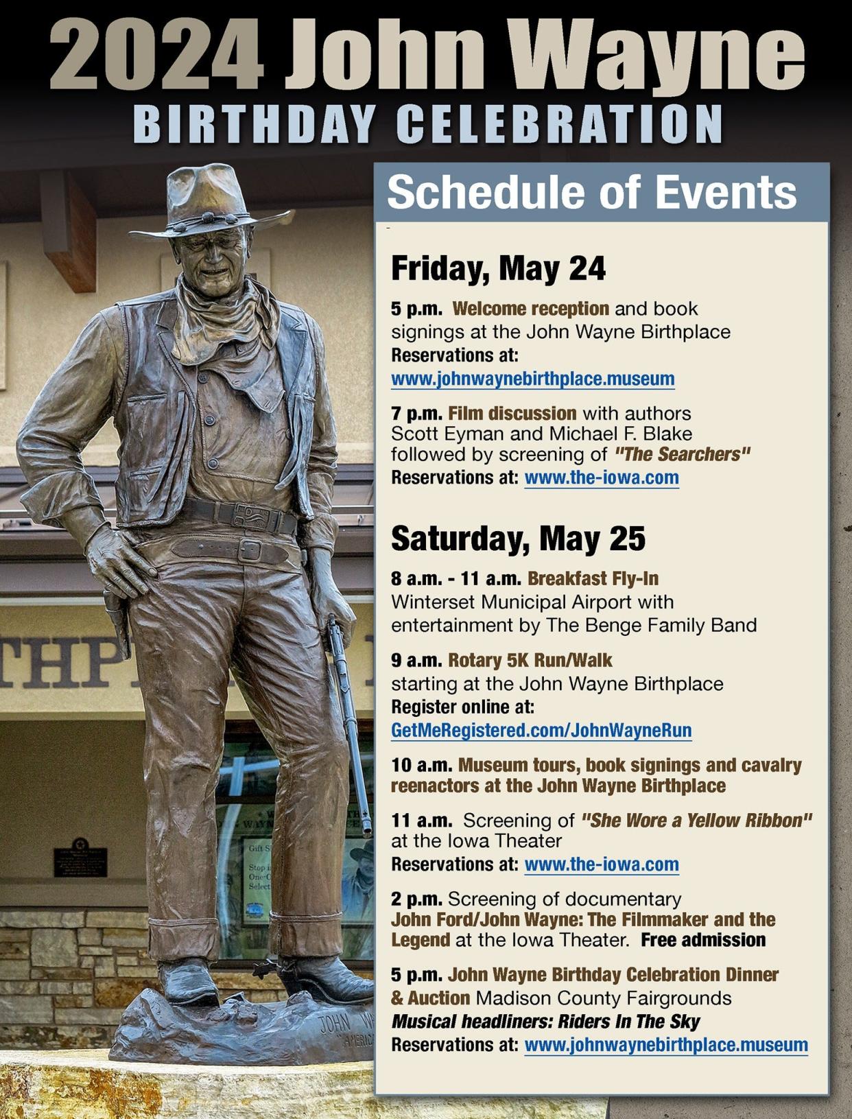A schedule of the 2024 John Wayne Birthday Celebration.