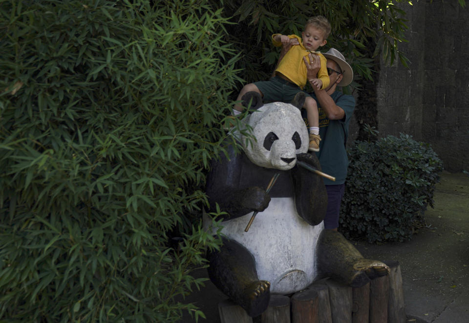 A visitor places his son on a panda statue in order to make a souvenir photo just outside the enclosure of Xin Xin, a 32-year-old Mexican-born giant panda, at the Chapultepec Zoo in Mexico City, Thursday, Nov. 10, 2022. After World War II China embarked on its “panda diplomacy” to project a positive image abroad and raise its profile. The first captive giant pandas born outside of China at the Chapultepec Zoo. Over the years, there have been eight births. (AP Photo/Fernando Llano)