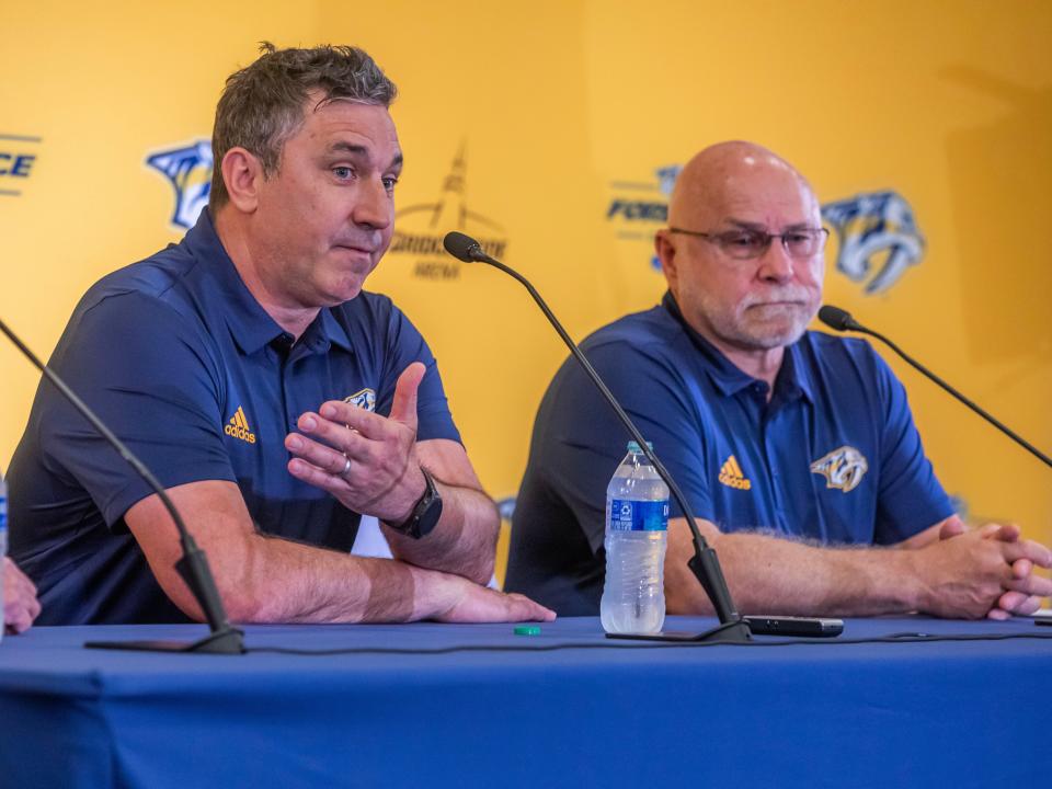 Andrew Brunette speaks during a press conference introducing him as the PredatorsÕ new head coach at Bridgestone Arena Wednesday, May 31, 2023.
