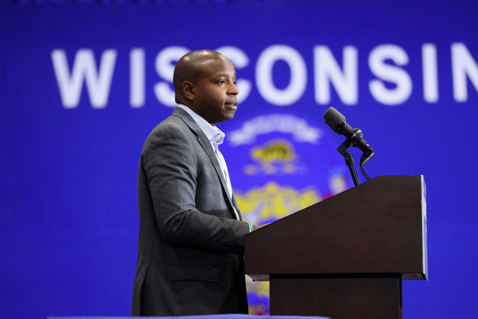 Milwaukee Mayor Cavalier Johnson speaks at a rally with former U.S. President Barack Obama and Wisconsin Governor Tony Evers before the mid-term elections, in Milwaukee, Wisconsin, on Oct. 29, 2022.<span class="copyright">Daniel Steinle—Reuters</span>