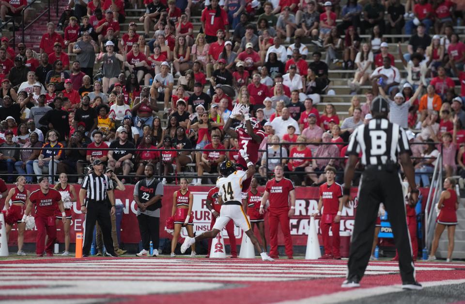 UL football's Harvey Broussard catches the ball over a Grambling State player for a touchdown during the Ragin' Cajuns Week 1 matchup at Cajun Field on Aug. 31, 2024.