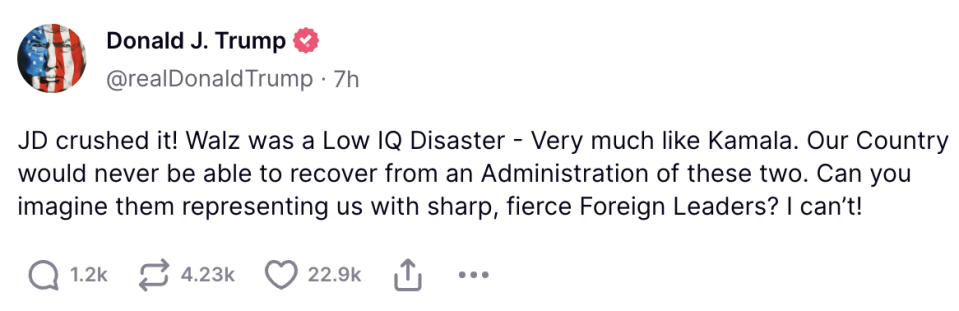 A tweet from Donald J. Trump criticizing JD and Walz, calling them "Low IQ Disasters," and questioning their capability to handle foreign leaders. The tweet has 1.2k replies, 4.23k retweets, and 22.9k likes