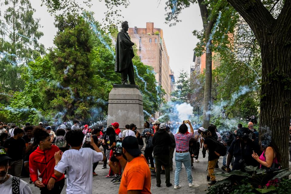 Fans attend Kai Cenat Playstation giveaway on August 4, 2023, at Union Square Park in New York City.