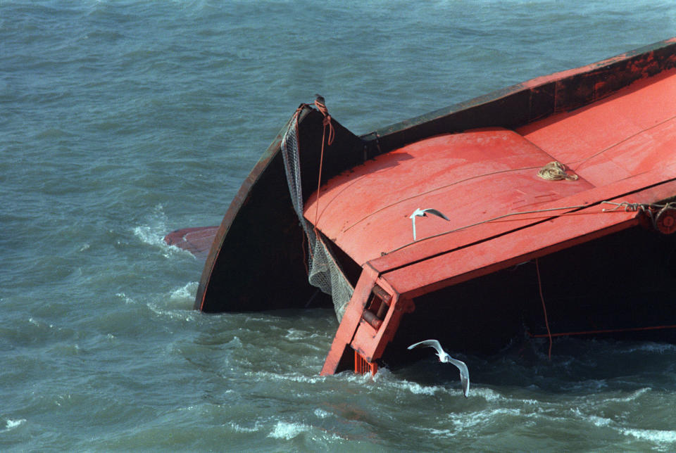 A net is placed on the opened loading doors of the 7,951-ton roll-on-roll-off British car ferry 