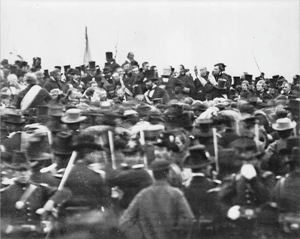 Abraham Lincoln, seated at center, before delivering the Gettysburg Address. <a href="https://www.gettyimages.com/detail/news-photo/president-abraham-lincoln-arrives-at-gettysburg-in-news-photo/172829090?adppopup=true" rel="nofollow noopener" target="_blank" data-ylk="slk:Library of Congress/Getty Images;elm:context_link;itc:0;sec:content-canvas" class="link ">Library of Congress/Getty Images</a>