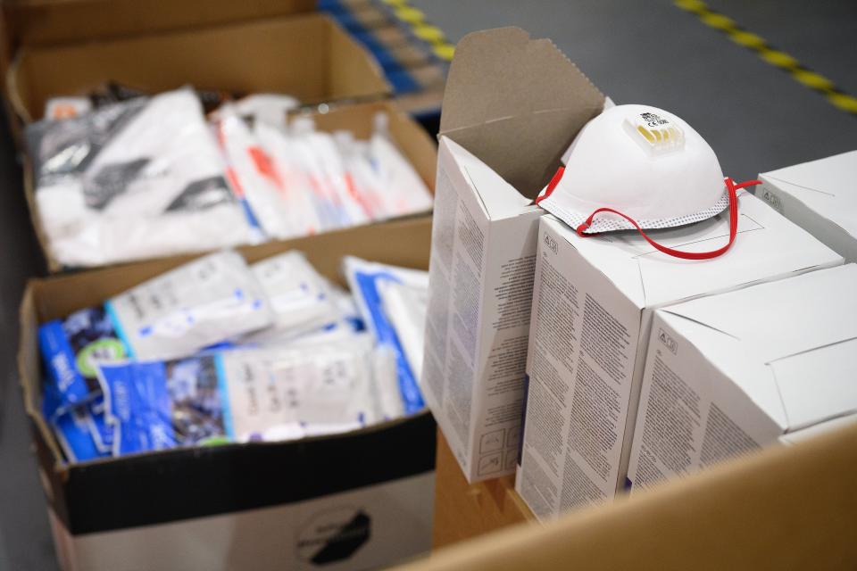 A storage area for PPE is seen within a South Central Ambulance Service garage facility in Portsmouth, Hampshire. (Leon Neal/PA) (PA Archive)