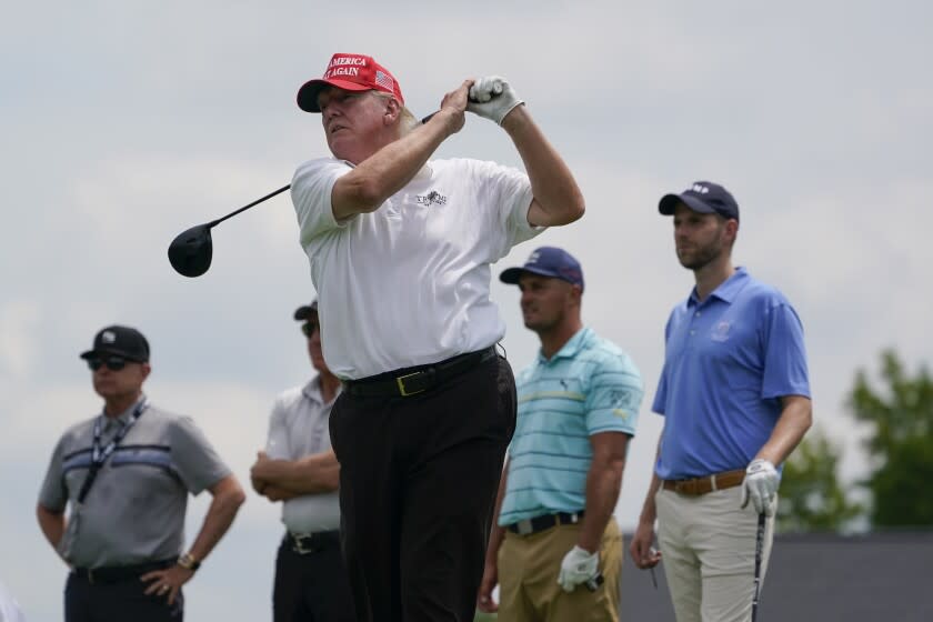 Former President Donald Trump plays during the pro-am round of the Bedminster Invitational LIV Golf tournament in Bedminster, NJ., Thursday, July 28, 2022. (AP Photo/Seth Wenig)