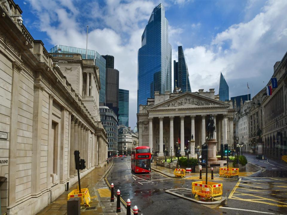 City of London financial district: the Bank of England and Royal Exchange