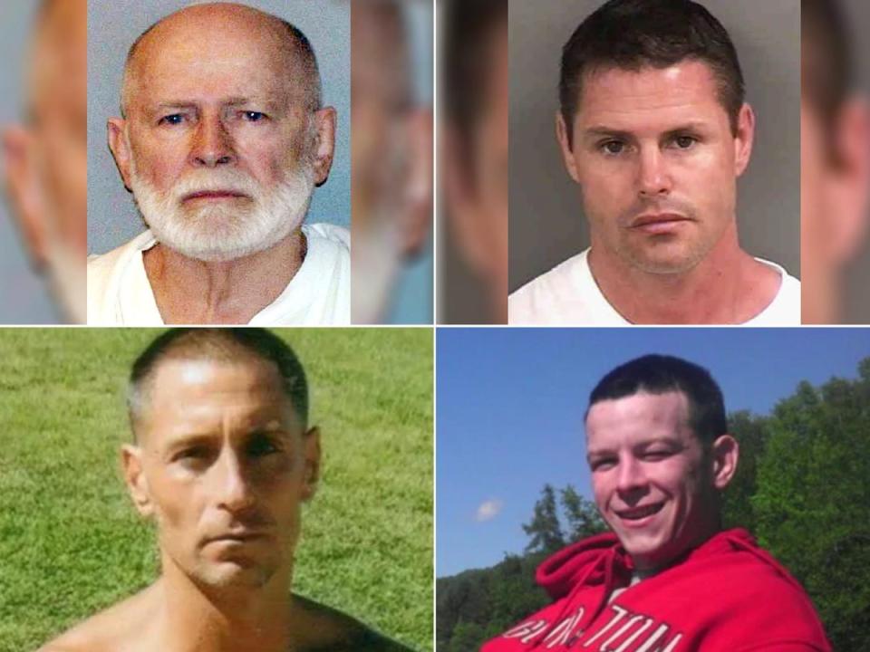 James ‘Whitey’ Bulger, Fotios ‘Freddy’ Geas, Sean McKinnon, and Paul ‘Pauly’ DeCologero (clockwise from top left). On Monday, McKinnon was sentenced for his role in Bulger’s death while McKinnon and DeCologero are set to be sentenced at a later date. (AP/Collier County Sheriff/Family handout)