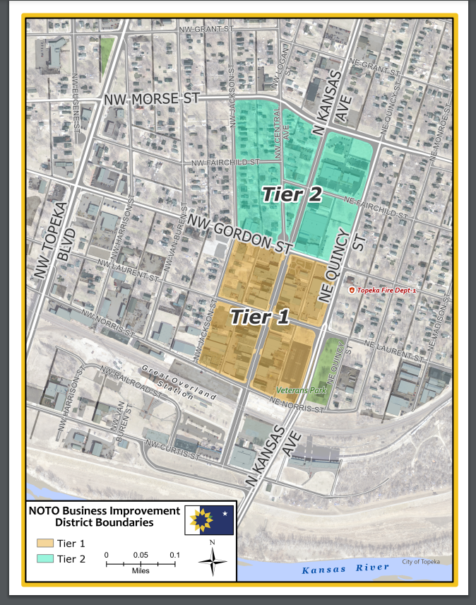 A map of the proposed BID in NOTO. Businesses in tier 1 will be required to pay a higher service fee than those located in tier 2.