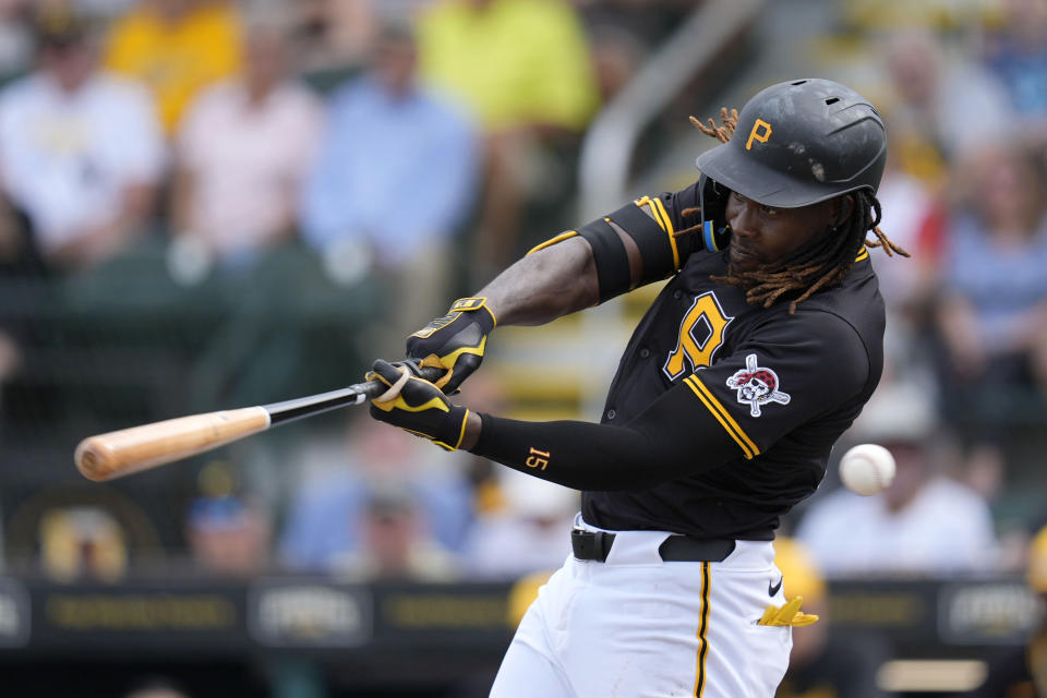 Pittsburgh Pirates' Oneil Cruz fouls a pitch in the fifth inning of a spring training baseball game against the Toronto Blue Jays Tuesday, March 5, 2024, in Bradenton, Fla. (AP Photo/Charlie Neibergall)