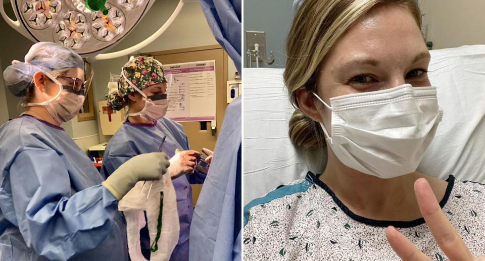 (Left) A photo from the operating theatre while Dr. Jocelyn Fitzgerald underwent surgery to remove a mass which was causing her back pain. (Right) A selfie Dr. Jocelyn Fitzgerald took from her hospital bed. Source: NBC