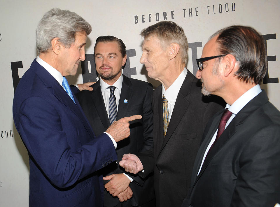 FILE- In this Oct. 20, 2016, file, U.S. Secretary of State John Kerry, left, Leonardo Dicaprio, second from left, Piers Sellers and Fisher Stevens, from left, attend the premiere of National Geographic Channel's "Before The Flood," at the United Nations headquarters. Sellers, a climate scientist and former astronaut died Friday, Dec. 23. He was 61. (Photo by Brad Barket/Invision/AP, File)