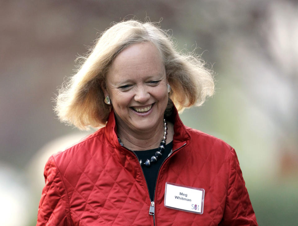 FILE-In this Thursday, July 12, 2012, file photo, Hewlett Packard CEO Meg Whitman arrives at the Allen & Company Sun Valley Conference in Sun Valley, Idaho. Whitman made her fortune as CEO of online marketplace eBay Inc. After a failed bid for California governor, the tech exec has taken on the challenge of turning around Hewlett-Packard. (AP Photo/Paul Sakuma)