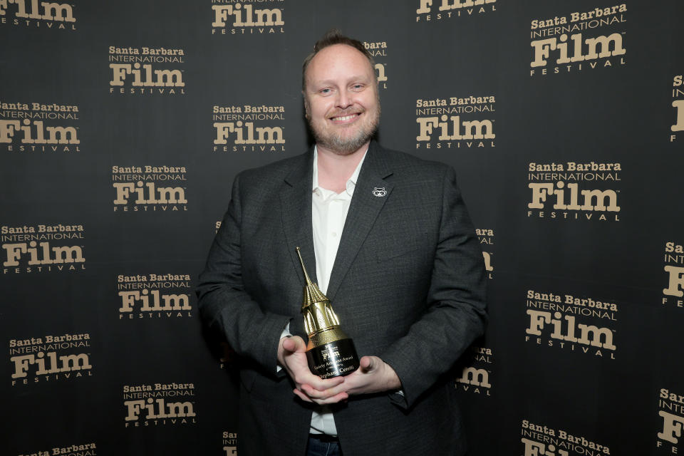 SANTA BARBARA, CALIFORNIA - FEBRUARY 11: Honoree Stephane Ceretti poses with his Variety Artisans Award during the 39th Annual Santa Barbara International Film Festival at The Arlington Theatre on February 11, 2024 in Santa Barbara, California. (Photo by Rebecca Sapp/Getty Images for SBIFF)