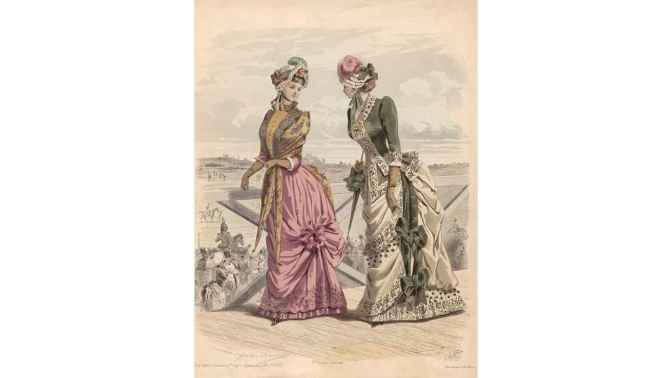 Illustration depicting two women, each wearing ornate flowing gowns, at Ascot Racecourse in Berkshire, England, Great Britain, 1880. Both women, each wearing a bonnet, are standing on a balcony overlooking a crowd watching the racing. By Jules David. (Photo by Hulton H Colour/Getty Images) (Photo by Edward Gooch Collection/Hulton Archive/Getty Images)