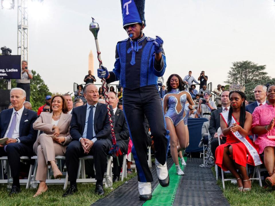 Members of the Tennessee State University marching band perform as U.S. President Joe Biden and Vice President Kamala Harris host a Juneteenth concert on the South Lawn of the White House in Washington, U.S. June 13, 2023.