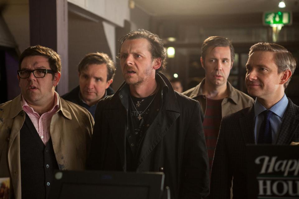 FILE - This film publicity image released by Focus Features shows, from left, Nick Frost as Andy, Eddie Marsan as Peter, Simon Pegg as Gary, Paddy Considine as Steven, and Martin Freeman as Oliver in "The World's End." (AP Photo/Focus Features, Laurie Sparham, File)