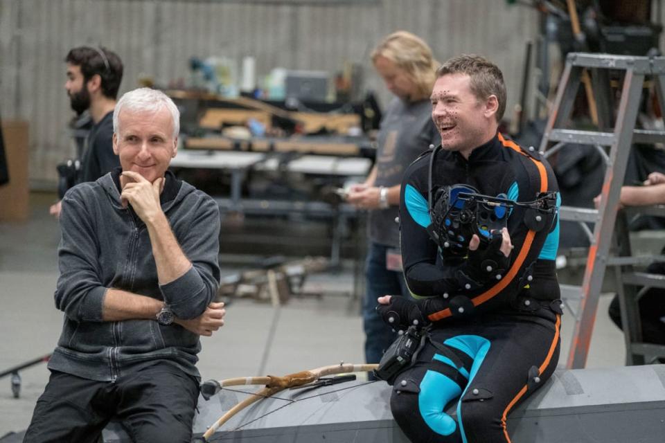 <div class="inline-image__caption"><p>Director James Cameron and actor Sam Worthington behind the scenes of 20th Century Studios' <em>Avatar 2</em>.</p></div> <div class="inline-image__credit">Photo by Mark Fellman</div>