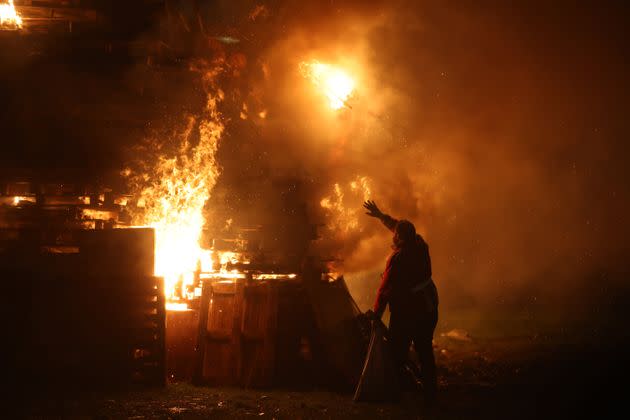 People take part in the annual Lewes Bonfire night celebrations on November 5, 2022 in Lewes, England.